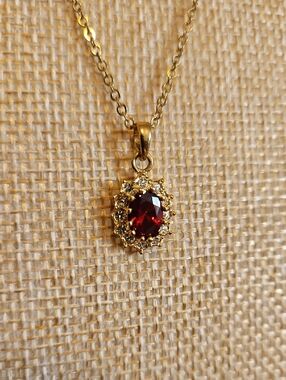 Gold-tone Necklace with Deep Red Gemstone Pendant